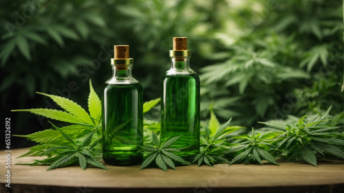 mockup of unlabeled products, medical cannabis oil, different bottles with dropper, background with marijuana plants, space for text