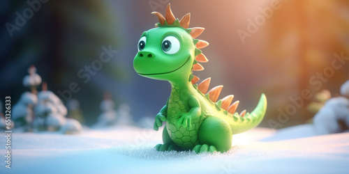 Cute Green Dragon in snow in winter forest. Green Dragon The Symbol Of New Year 2024. Creative Christmas Background © maxa0109
