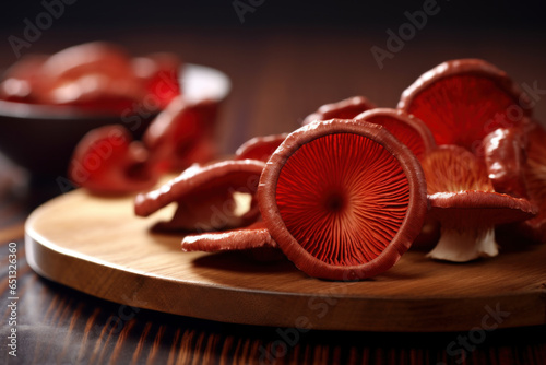 Fresh red reishi mushrooms on a wooden cutting board, closeup photo