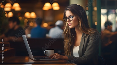 Young Woman Working on Laptop in Café - Freelancer or Female Student Smiling at Camera