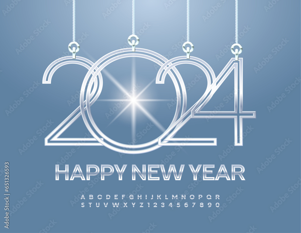 Vector stylish Greeting Card Happy New Year 2024 with Silver Toys. Elegant metallic Font. Slim Alphabet Letters and Numbers