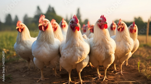 Group of chickens standing in field.