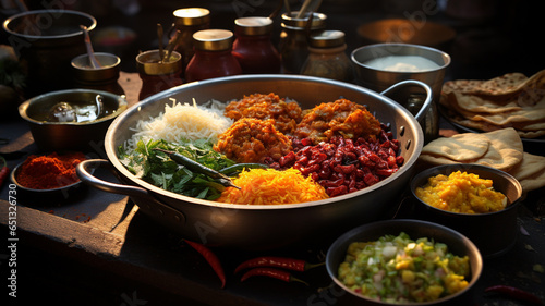Traditional Indian cuisine, use of spices, milk, dairy products, but also meat and vegetables