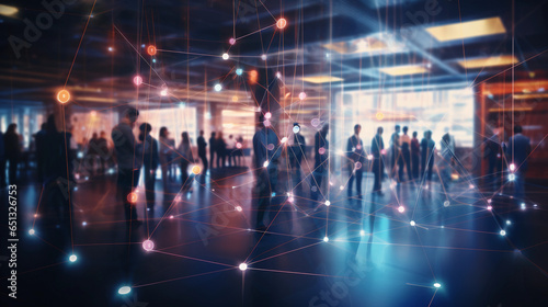 People networking business background. Computer tech team meeting background with holograms. Generative AI.