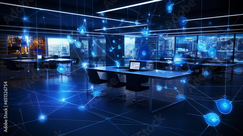 Networking business background. Computer tech futuristic background with holograms. Generative AI.