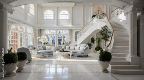 White resort villa. Luxurious dream home. Showcase interior mansion of millionaire. 