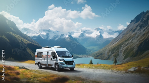 Camper van stands amidst the vast mountain expanse, Travel concept.