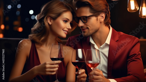 Young woman and bearded man clinking glasses with red wine during celebration in luxury restaurant.