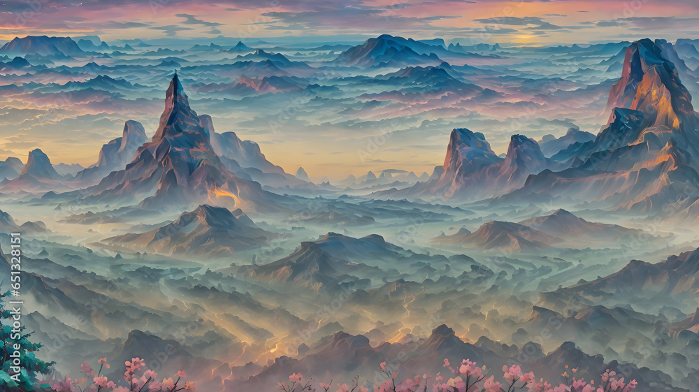 Paint a watercolor landscape on top of a mountain. Generative ai.
