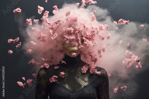 visage d'une jeune femme caché derrière des fleurs et de la poudre rose. photo