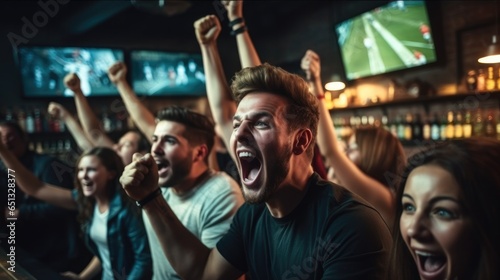 Young excited friends having fun in a bar while cheering for their favorite soccer team.