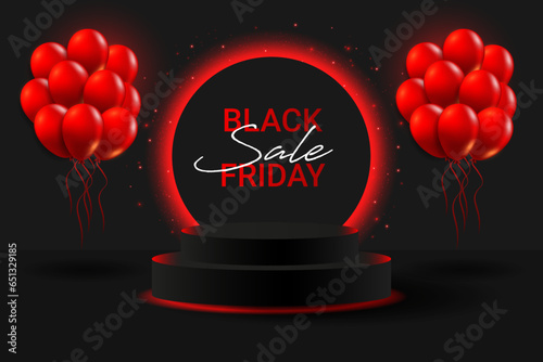 Black Friday super sale neon podium.Black 3D podium with glowing red neon circle and glitter, ballons. Banner for demonstrating products, promotions, discounts, sales. Product mockup.