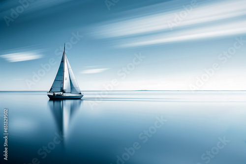 Generative AI illustration of amazing view of reflecting white sailboat floating on rippling seawater under blue sky during daytime