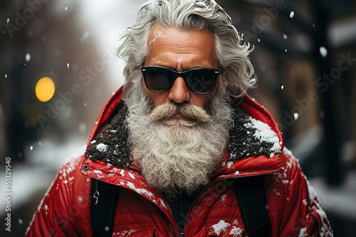 Generative AI illustration of brutal Santa Claus in warm red jacket and sunglasses looking at camera on blurred winter street photo