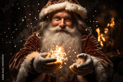 AI generated illustration of content Santa Claus with burning sparkles in hands looking at camera on dark background photo