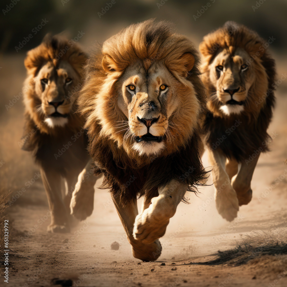 Front shot of three fearsome adult lions running towards