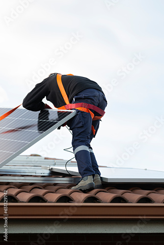 Técnico instalando placas solares en una vivienda. © Lola Fdez. Nogales