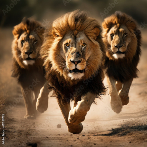 Front shot of three fearsome adult lions running towards © Clickmanis