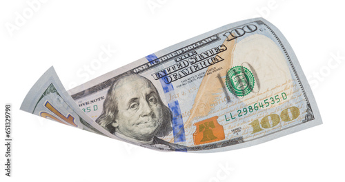 One Hundred Dollar Bill Falling or Floating on Empty Background - Transparent PNG.
