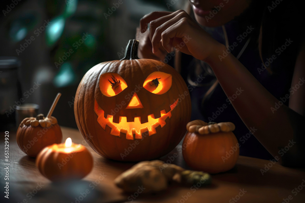 Croped view. Hands woman carving scary face on pumkin halloween with light inside it on the table. Croped view. Hands woman carving scary face on pumkin halloween with light inside it on the table.