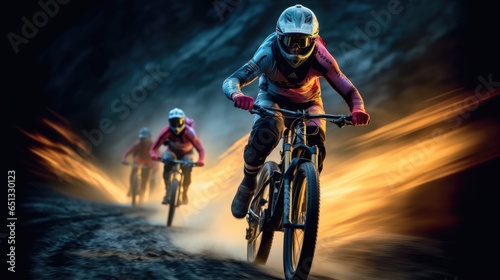 Man riding on mountain bike at night with light.