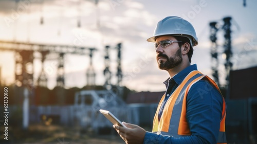 Electrician engineer checking substation power. photo