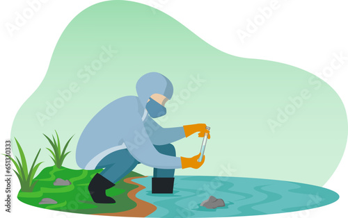 environmental scientists in safety uniforms check the level of water in the river vector illustration