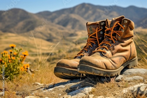 View of boots on trail. Generative AI