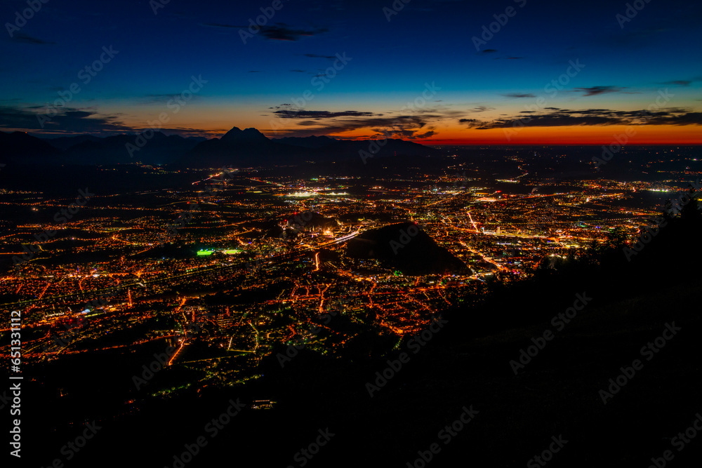 Night view from Gaisberg hill over Salzburg city in summer hot evening Night view from Gaisberg hill over Salzburg city in summer hot evening