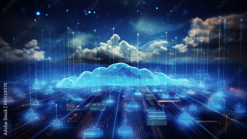cloud computing with high tech icons in the center