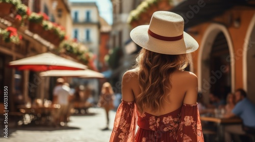 Woman in a sun hat walking on European city street, Travel concept, Backside view.