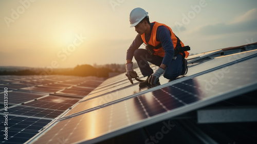 young male worker with solar panel at solar power station.