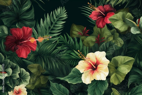 Tropical hibiscus design amidst dense greenery, ideal for capturing exotic scenery. Generative AI