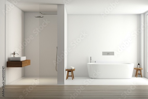 Minimalist bathroom with a pristine white wall  ready for personal touch. Features a shower and an empty  contemporary interior design. Generative AI