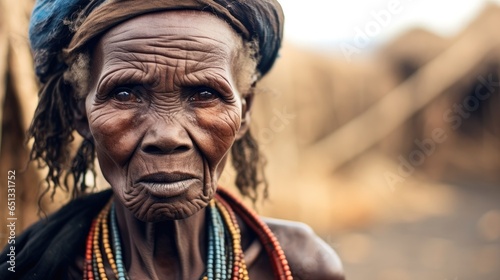 Serious senior woman from tribe in a village, Ancient tribes. photo