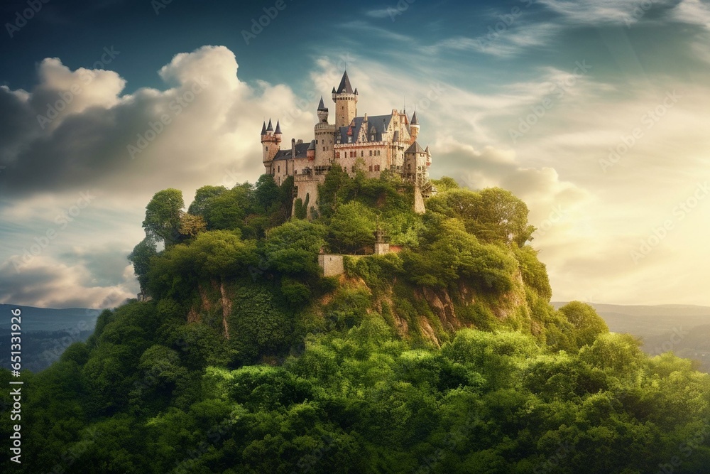 Enchanting castle amidst lush greenery floating in the sky. Generative AI