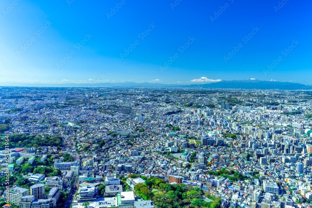 Fototapeta premium 横浜風景みなとみらいから望む富士山と街並み