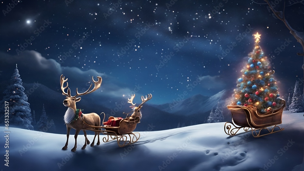 Illustration of a festive reindeer pulling a sleigh filled with a Christmas tree in a snowy Christmas scene, Christmas Background, created with Generative AI technology - obrazy, fototapety, plakaty 