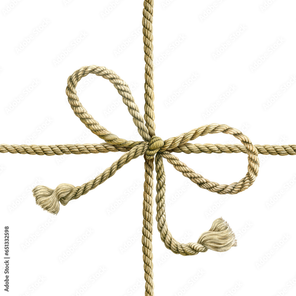 Rope cord tied with a bow watercolor illustration. Hand drawn element. Isolated. Square frame.