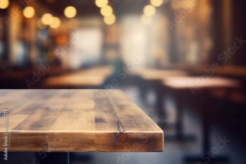 Blurred cafe background with wooden table. Generative AI