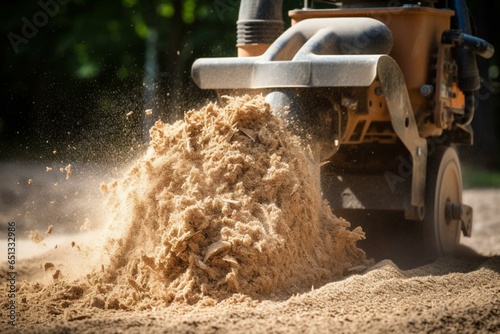 A machine grinds a tree stump into sawdust and mulch in a close-up view. Generative AI photo