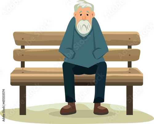 Lonely sad old man sitting on a park bench flat style vector illustration, Old guy on a wooden park bench stock vector image