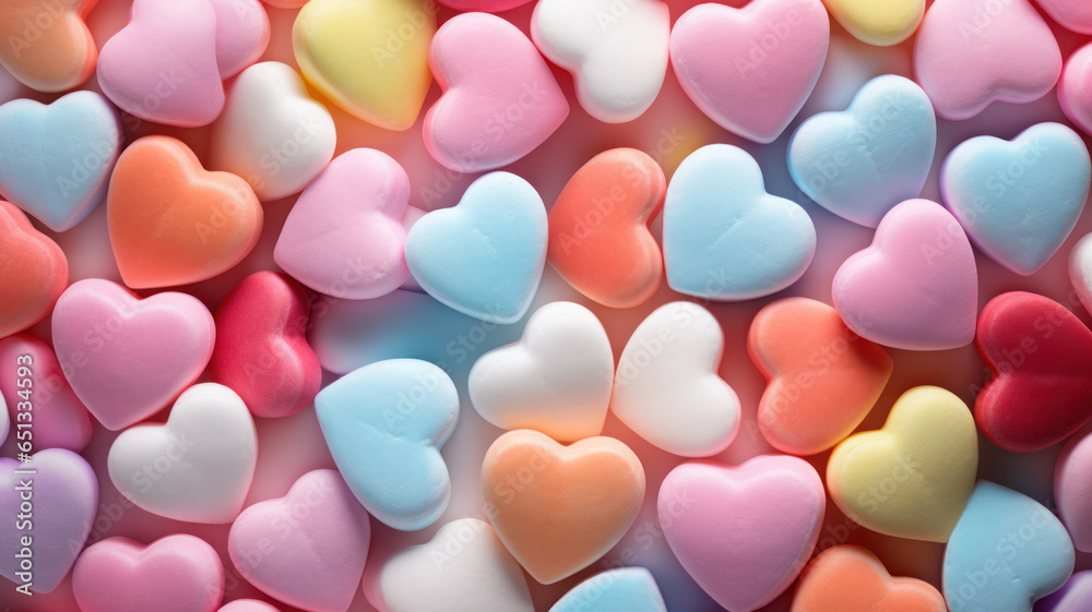Colorful Pastel Heart-Shaped Marshmallows Background Colorful Pastel Heart-Shaped Marshmallows Background