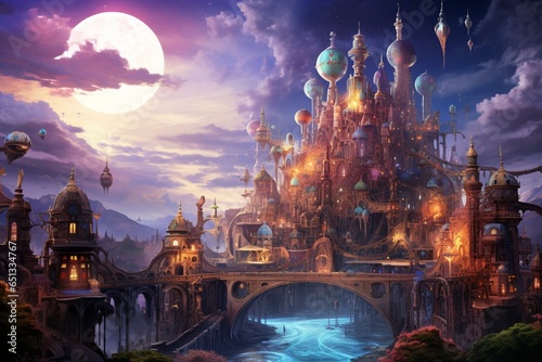 Enchanting scenery featuring a fantastical city floating among clouds, combining elements of steampunk and fantasy genres in vibrant colors. Generative AI
