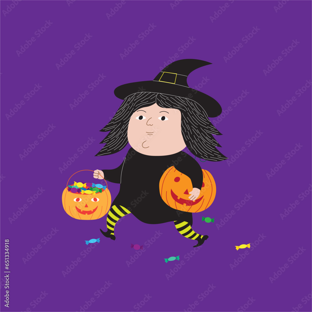 Cute cartoon illustration of a witch carrying a pumpkin Cute cartoon illustration of a witch carrying a pumpkin