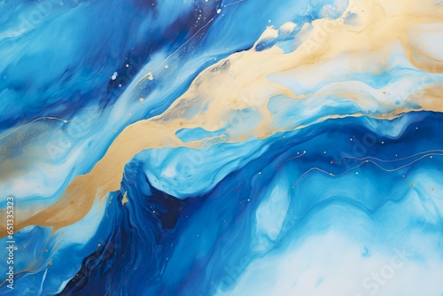 Abstract marble marbled ink painted painting texture luxury background banner - Blue waves swirls gold painted splashe | Generative AI