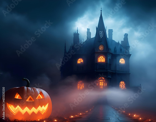 A mysterious castle in the moonlight on Halloween night.