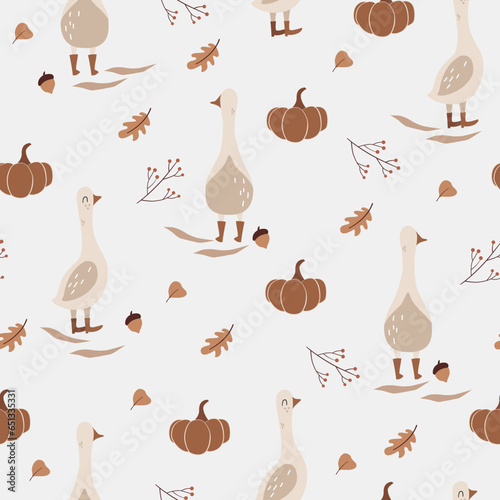 Geese in autumn with pumpkins  - kids seamless vector pattern. Fall childish design for textile, paper, package. Autumn fabric illustrations