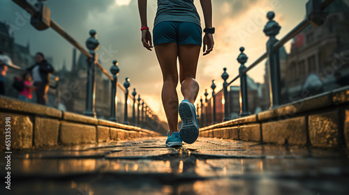 Runner feet on road in the city, closeup on shoes. Woman fitness sunrise jog workout wellness concept.