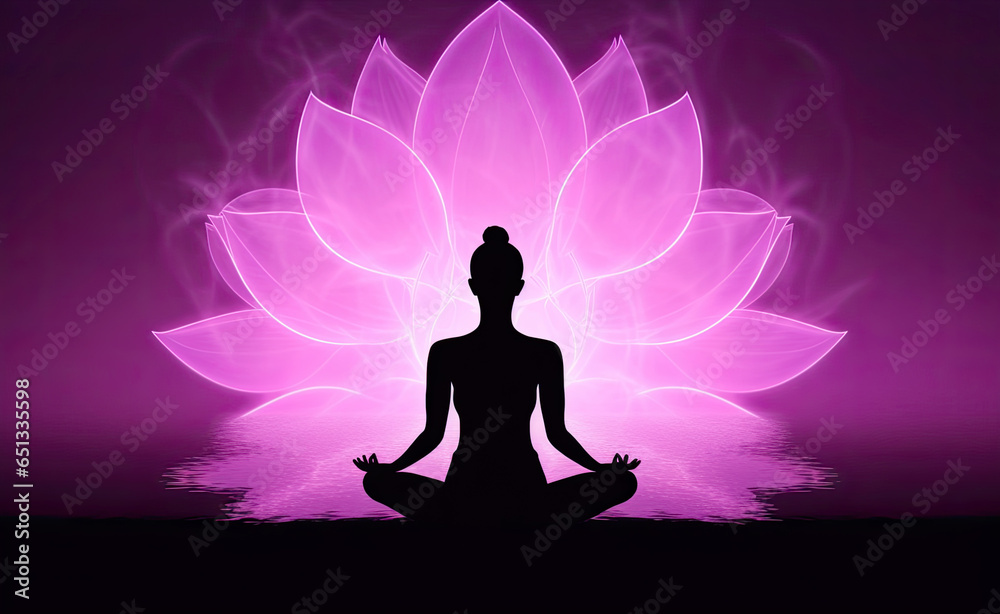 Silhouette of Woman in Yoga Lotus Position Against Pink Ornate Background